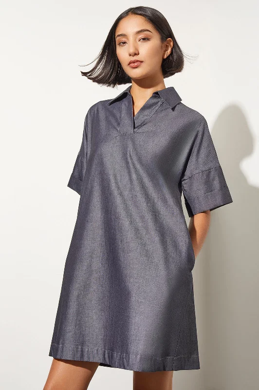 Side Pocket A-Line Chambray Shirt Dress, Dark Denim