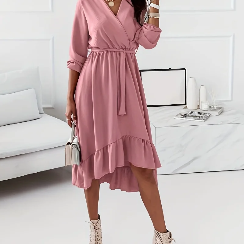 Sixsr Ruffle Hem Surplice Neck Dress, Elegant Solid Long Sleeve Midi Dress, Women's Clothing